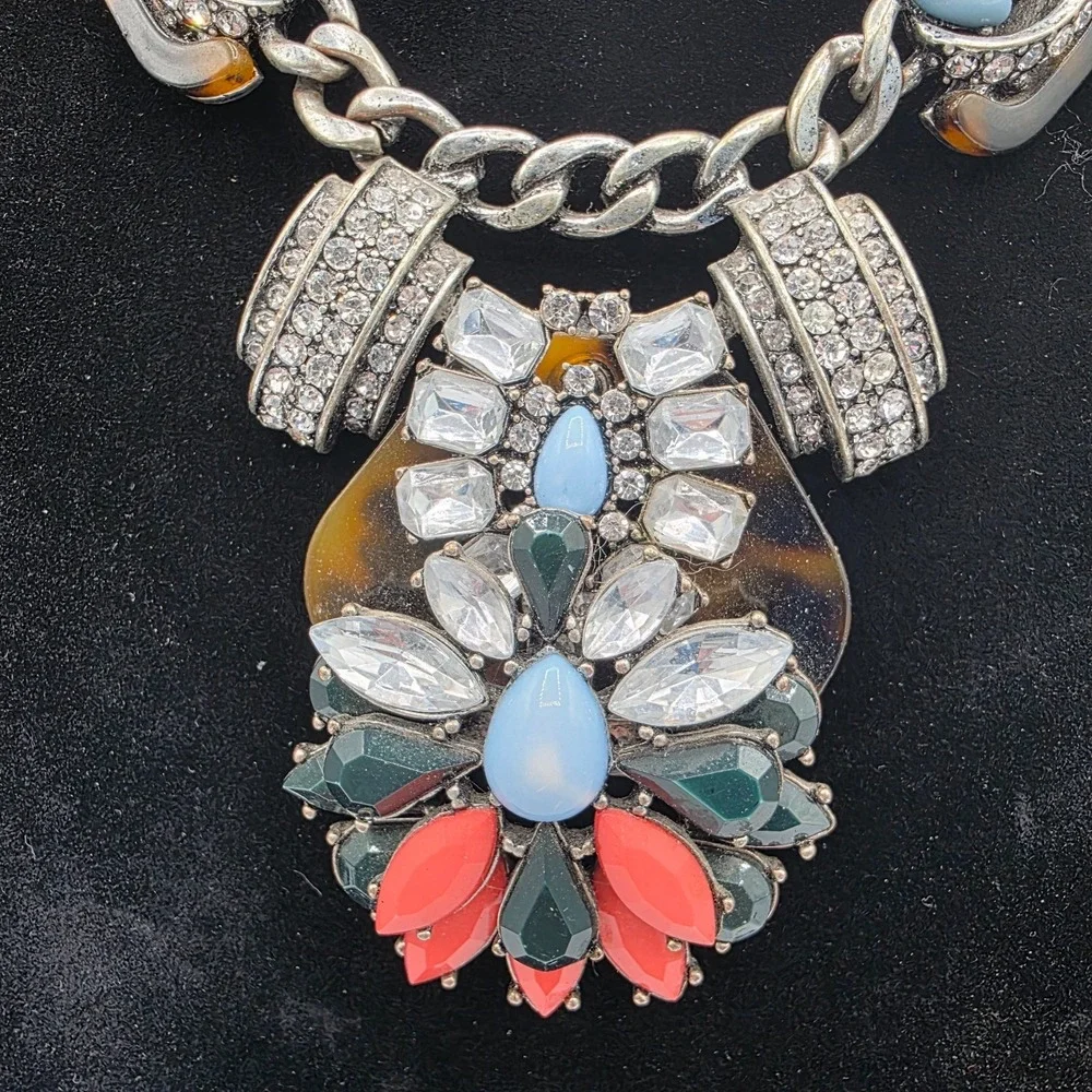 Antique Silver‎ Statement Necklace Link Chain Lobster Multicolor Rhinestone 25